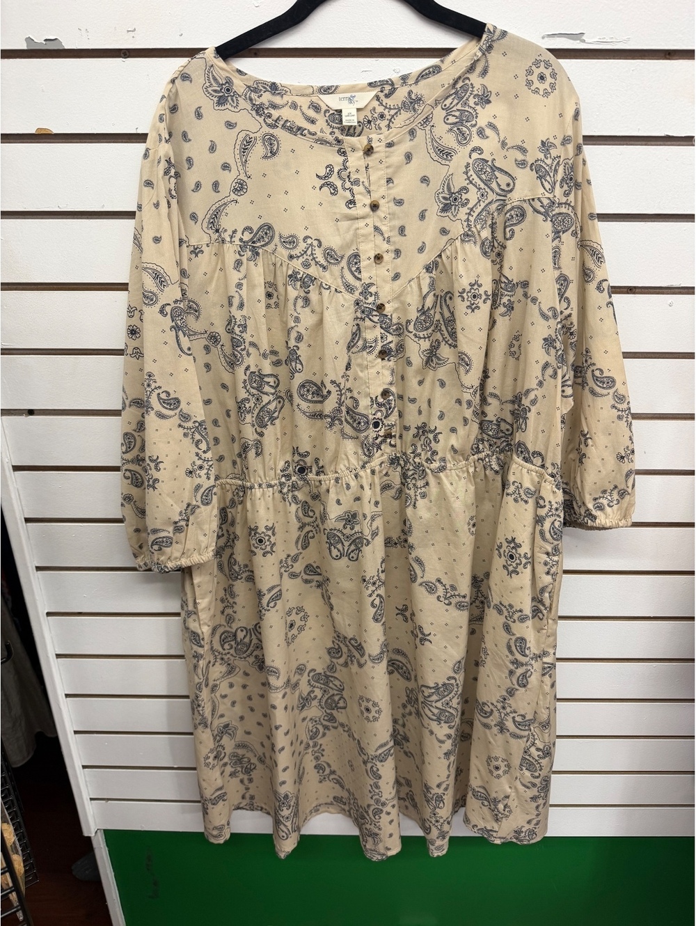 Terra & Sky 2X Beige Blue Paisley Long Sleeve Midi Dress NWT